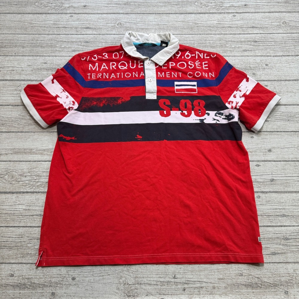 Sean John Rugby Polo Shirt Men's 2XL Red Graphic Short Sleeve Athleisure Preppy